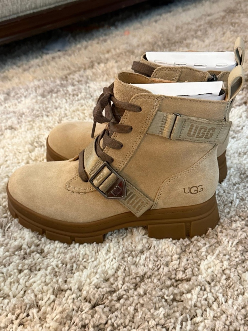 UGG Tan Suede Lace-Up Combat Boots